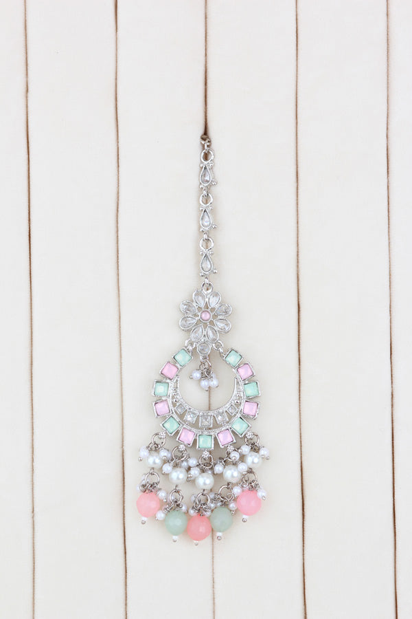 Pink | Light Green Silver Polish Polki Choker With Large Earrings And Tikka (CS012-PG-SP-Polki)