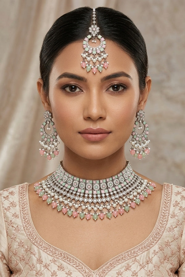 Pink | Light Green Silver Polish Polki Choker With Large Earrings And Tikka