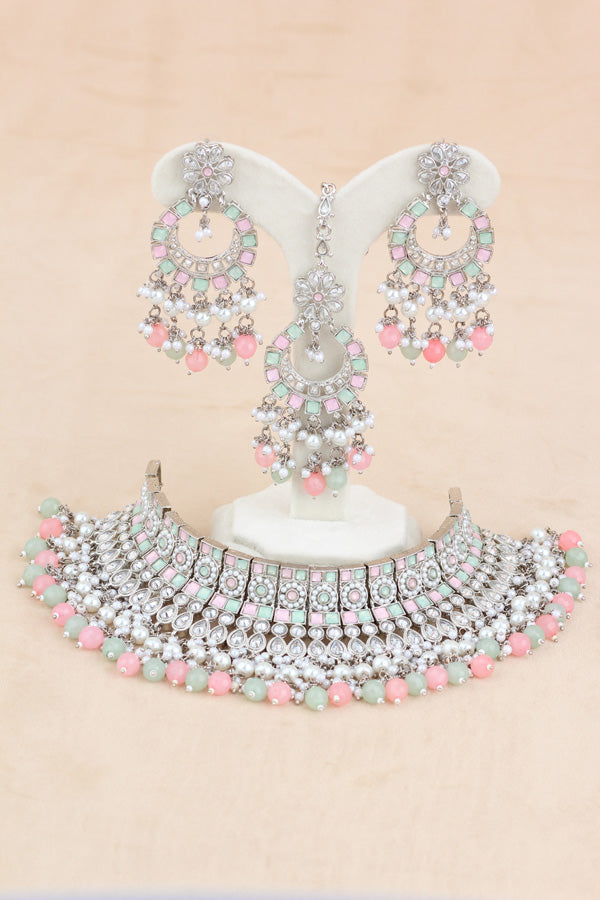 Pink | Light Green Silver Polish Polki Choker With Large Earrings And Tikka (CS012-PG-SP-Polki)