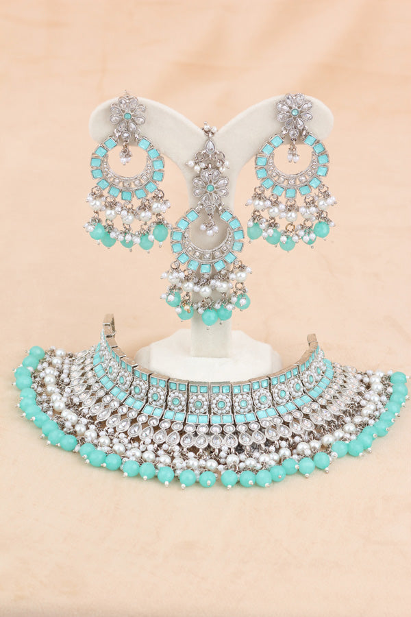 Sky Blue Silver Polish Polki Choker With Large Earrings And Tikka (CS012-SB-SP-Polki)