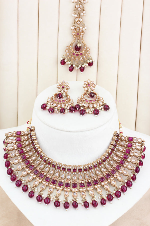 Burgendy Polki Choker With Pearls Earrings And Tikka (CS013-BU-Polki)