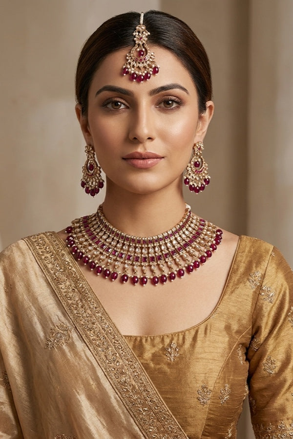 Burgendy Polki Choker With Pearls Earrings And Tikka