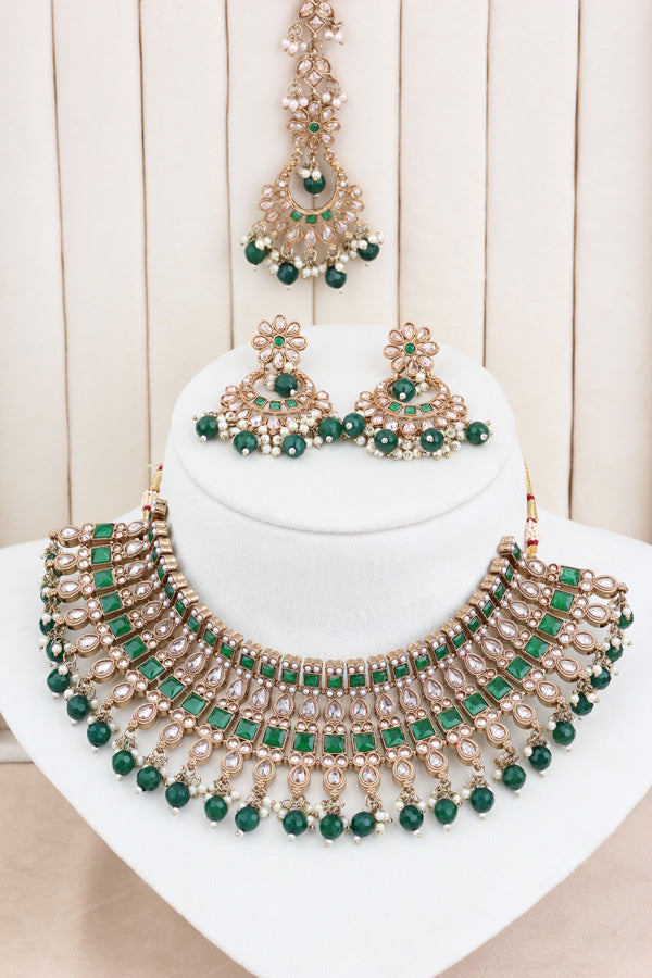 Green Polki Choker With Pearls Earrings And Tikka (CS013-G-Polki)