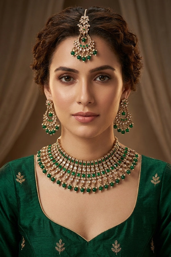 Green Polki Choker With Pearls Earrings And Tikka 