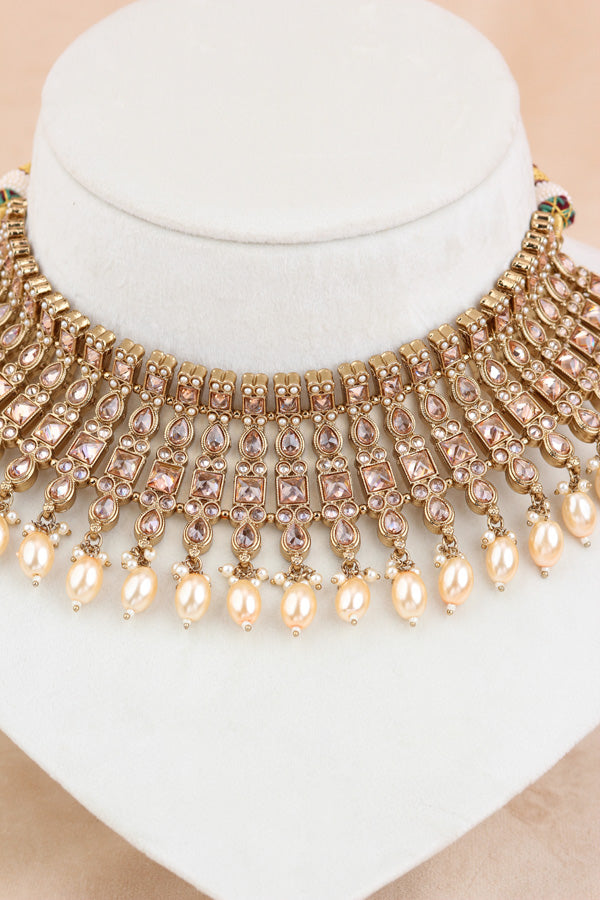 Gold Polki Choker With Pearls Earrings And Tikka (CS013-GO-Polki)