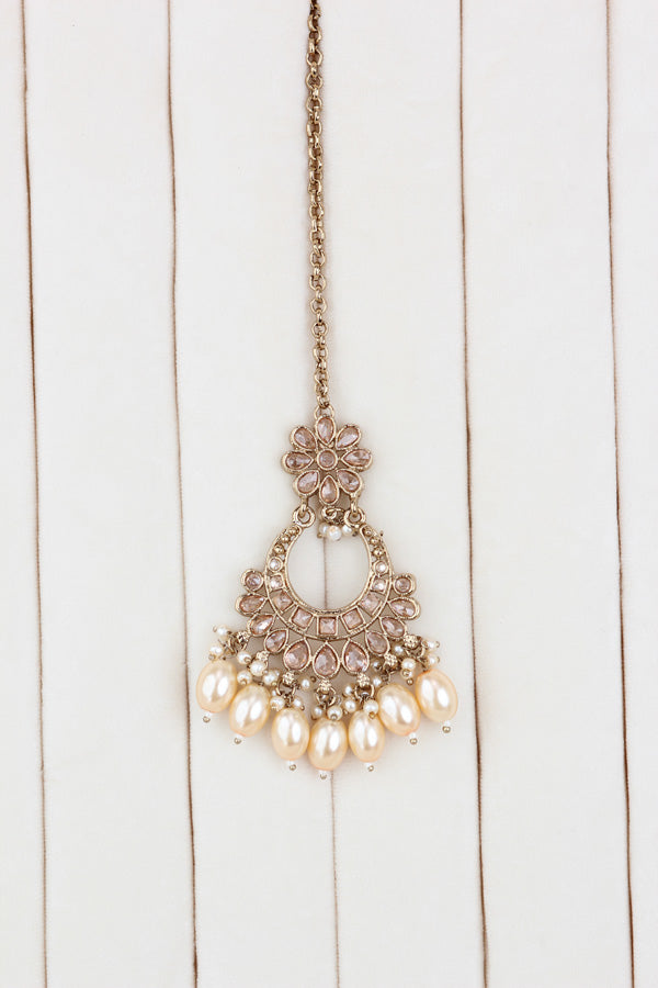 Gold Polki Choker With Pearls Earrings And Tikka (CS013-GO-Polki)