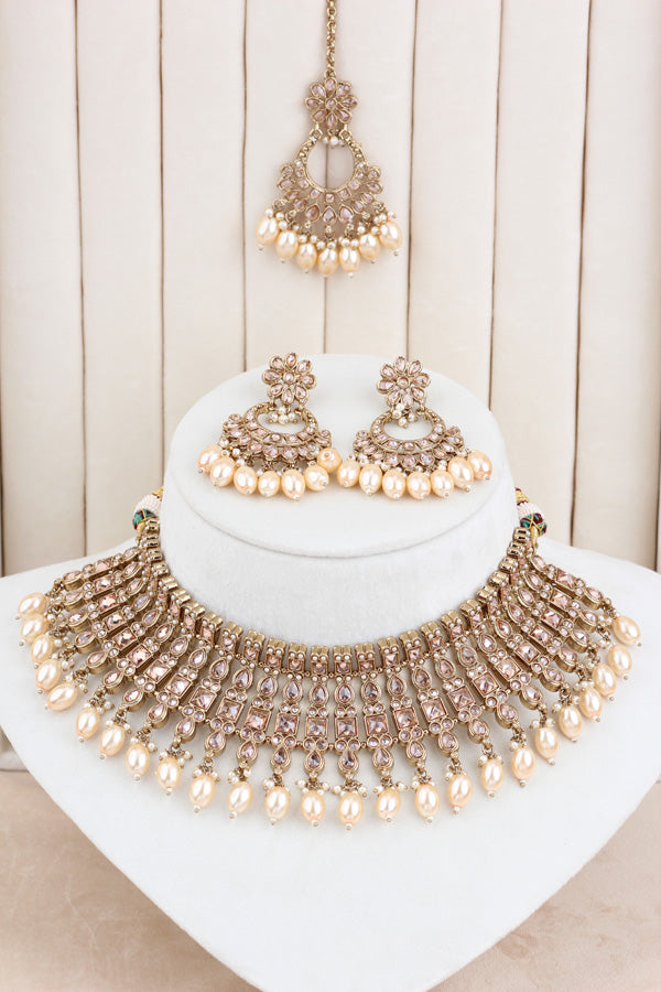 Gold Polki Choker With Pearls Earrings And Tikka (CS013-GO-Polki)