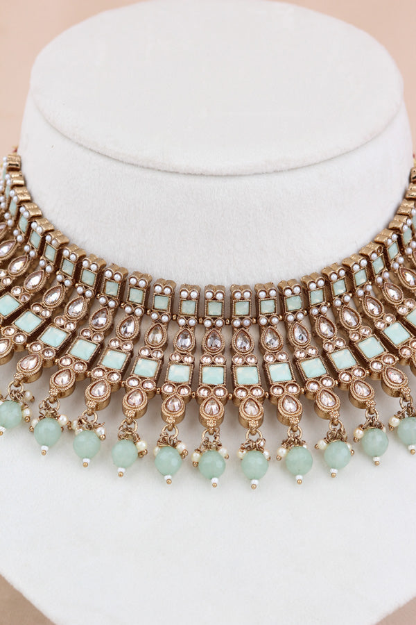 Light Green Polki Choker With Pearls Earrings And Tikka (CS013-LG-Polki)
