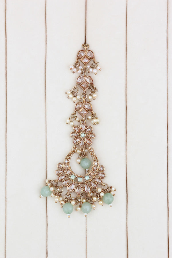 Light Green Polki Choker With Pearls Earrings And Tikka (CS013-LG-Polki)