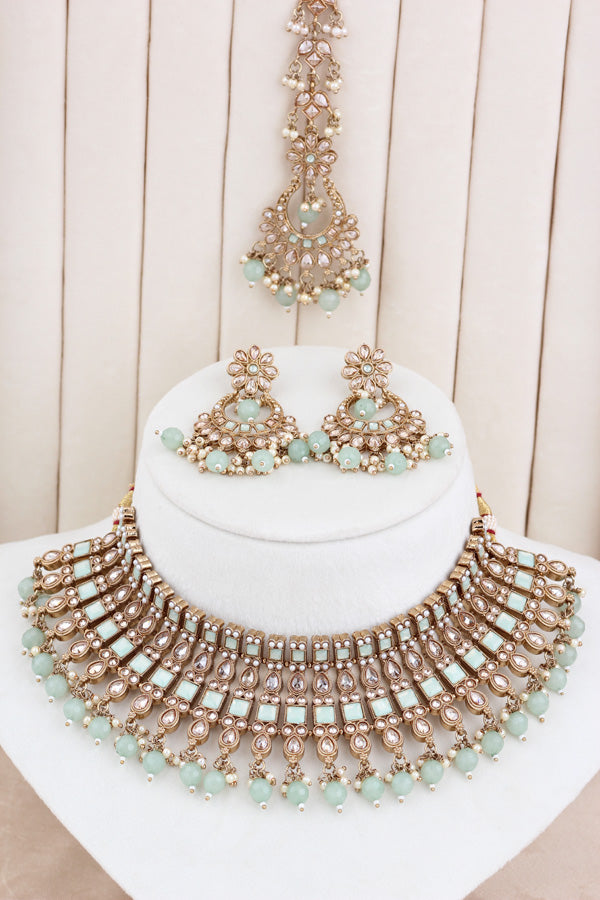 Light Green Polki Choker With Pearls Earrings And Tikka (CS013-LG-Polki)