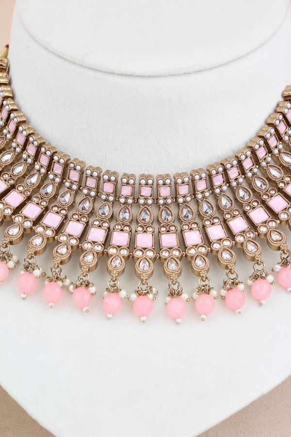 Pink Polki Choker With Pearls Earrings And Tikka (CS013-P-Polki)