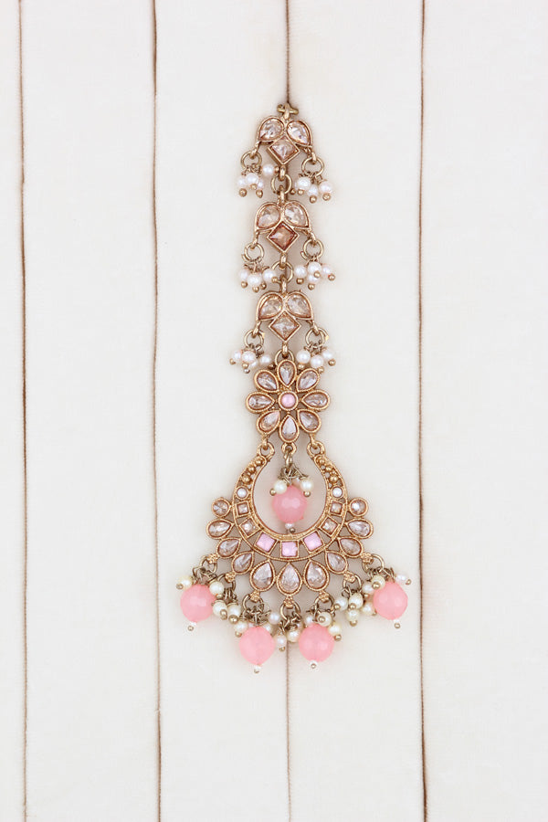 Pink Polki Choker With Pearls Earrings And Tikka (CS013-P-Polki)