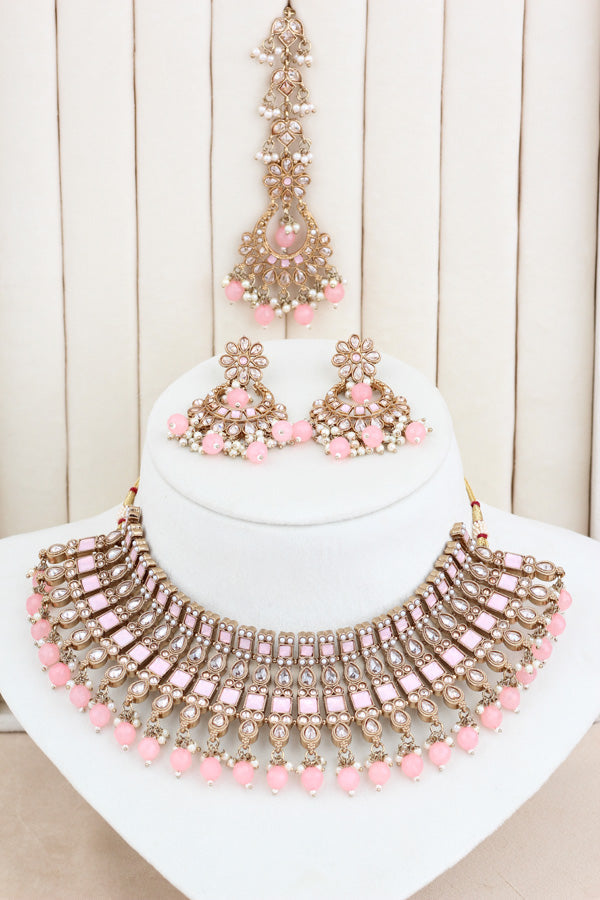 Pink Polki Choker With Pearls Earrings And Tikka (CS013-P-Polki)