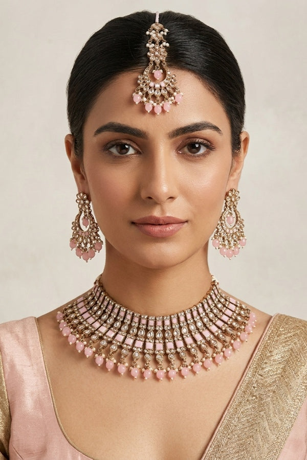 Pink Polki Choker With Pearls Earrings And Tikka