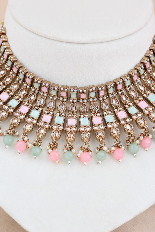 Pink | Light Green Polki Choker With Pearls Earrings And Tikka (CS013-PG-Polki)