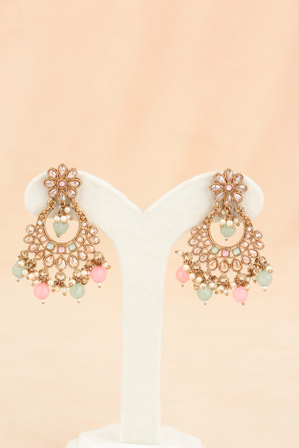 Pink | Light Green Polki Choker With Pearls Earrings And Tikka (CS013-PG-Polki)