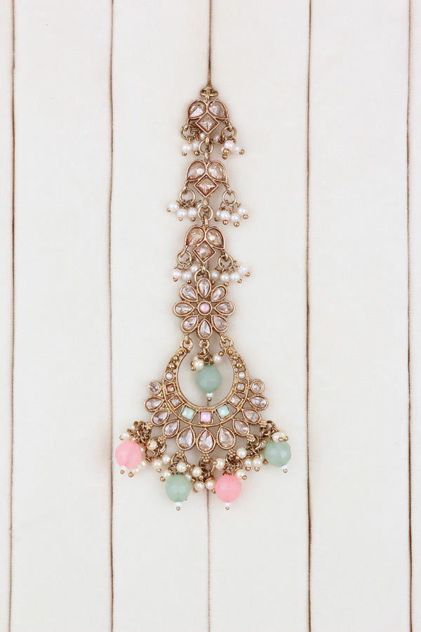 Pink | Light Green Polki Choker With Pearls Earrings And Tikka (CS013-PG-Polki)