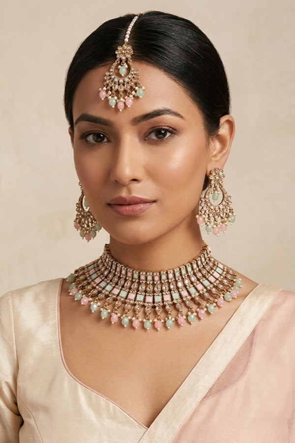 Pink | Light Green Polki Choker With Pearls Earrings And Tikka