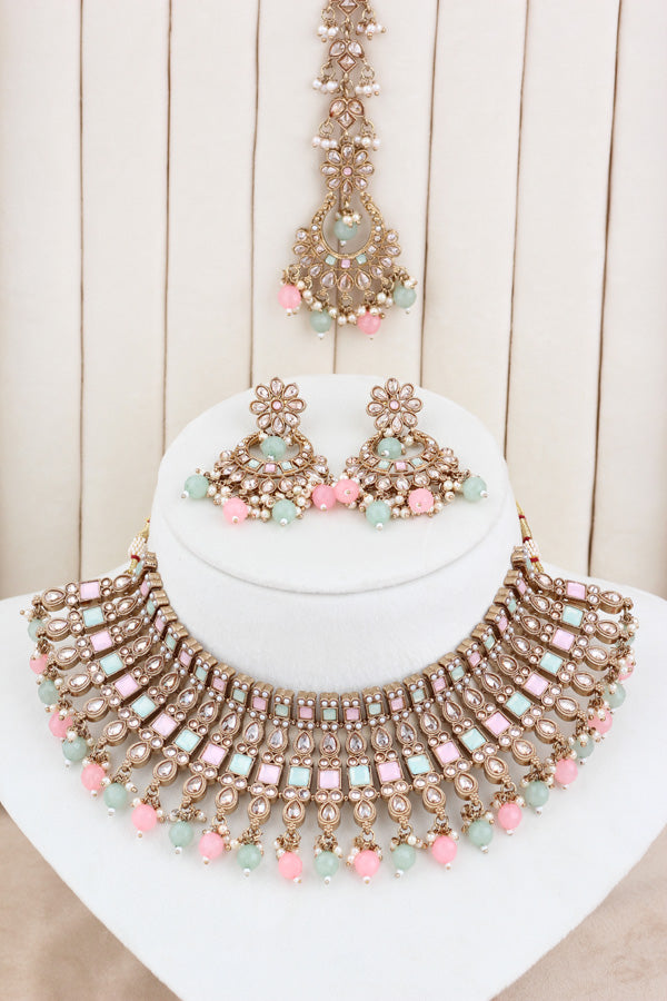 Pink | Light Green Polki Choker With Pearls Earrings And Tikka (CS013-PG-Polki)