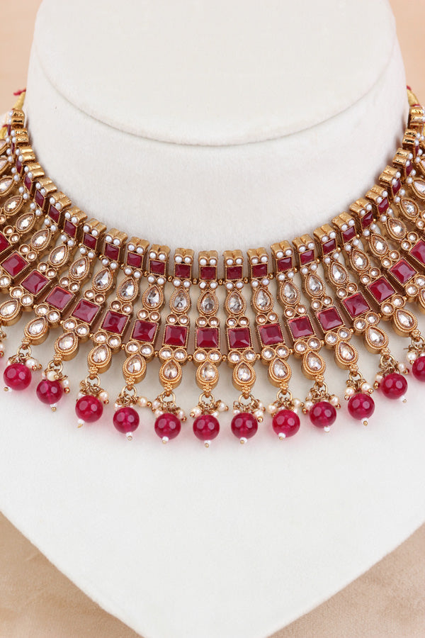 Ruby Red Polki Choker With Pearls Earrings And Tikka (CS013-RU-Polki)