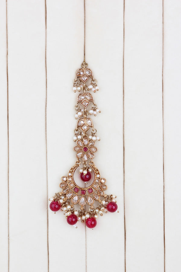Ruby Red Polki Choker With Pearls Earrings And Tikka (CS013-RU-Polki)