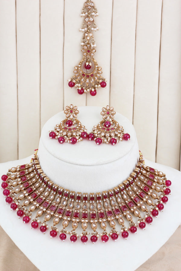 Ruby Red Polki Choker With Pearls Earrings And Tikka (CS013-RU-Polki)