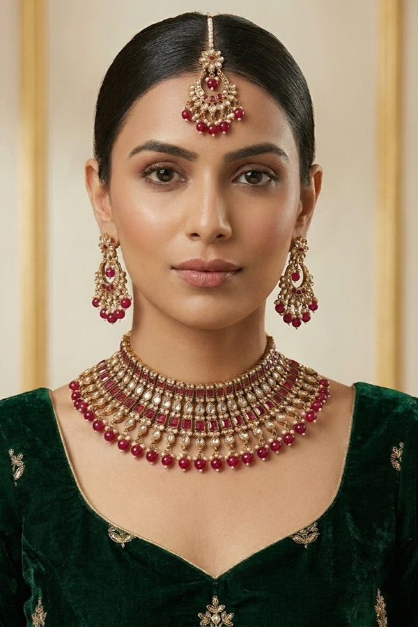 Ruby Red Polki Choker With Pearls Earrings And Tikka