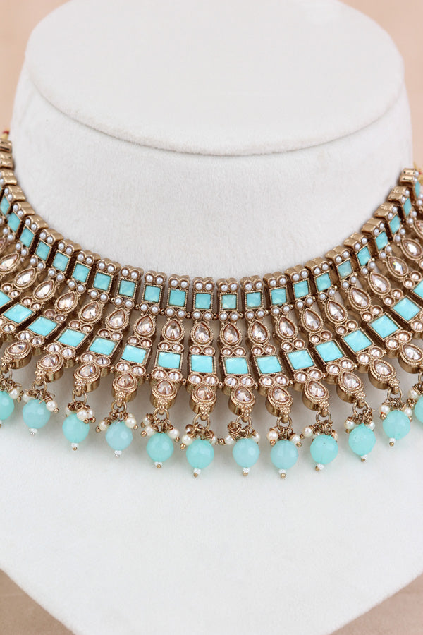 Sky Blue Polki Choker With Pearls Earrings And Tikka (CS013-SB-Polki)