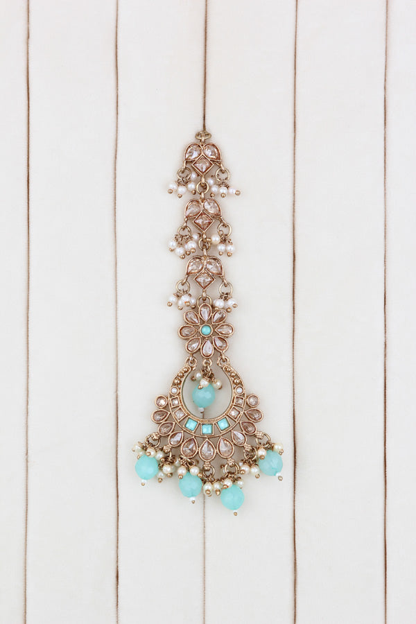 Sky Blue Polki Choker With Pearls Earrings And Tikka (CS013-SB-Polki)