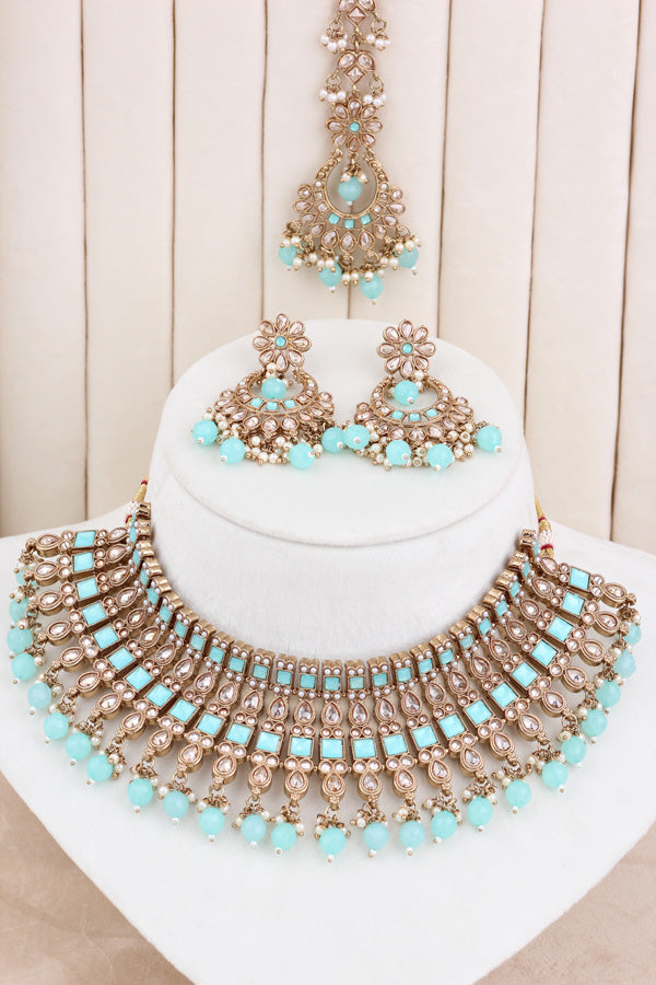 Sky Blue Polki Choker With Pearls Earrings And Tikka (CS013-SB-Polki)