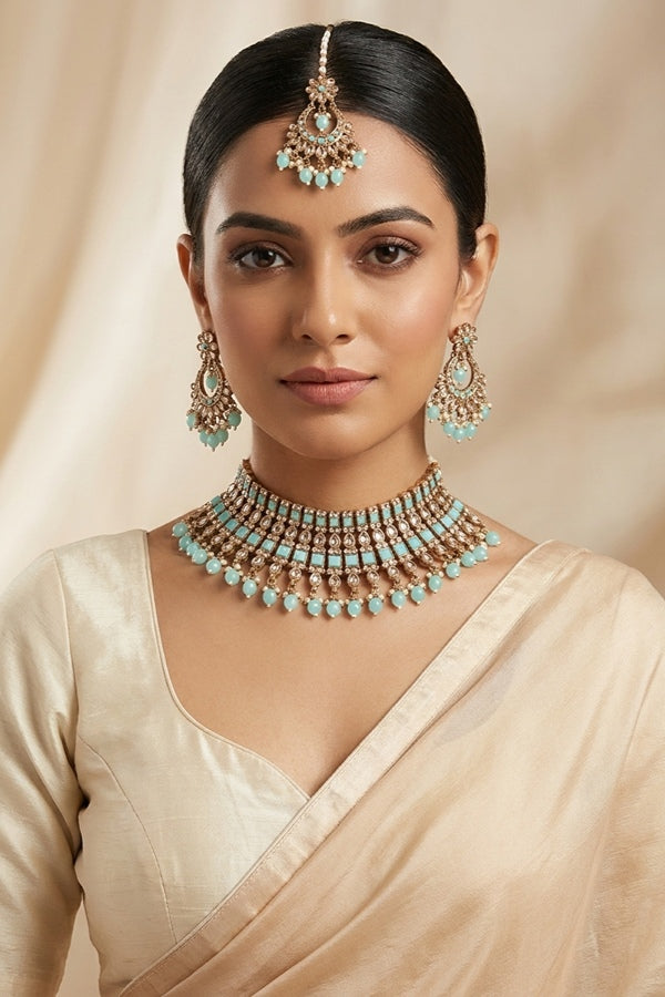 Sky Blue Polki Choker With Pearls Earrings And Tikka