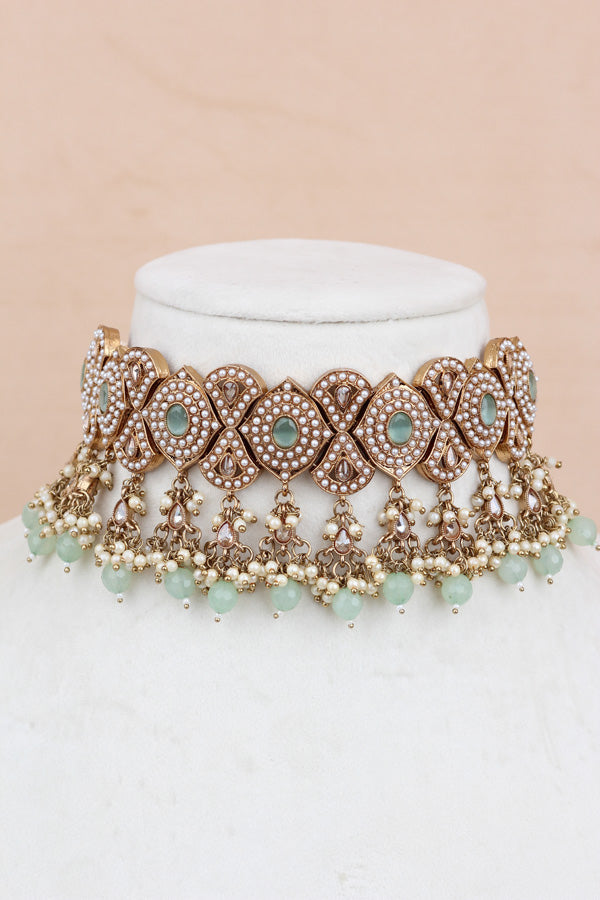 Light Green Mehndi Polish Double Choker Set With Large Earrings Saharey Attached And Matta Patti (CS014-LG-MP-Polki)