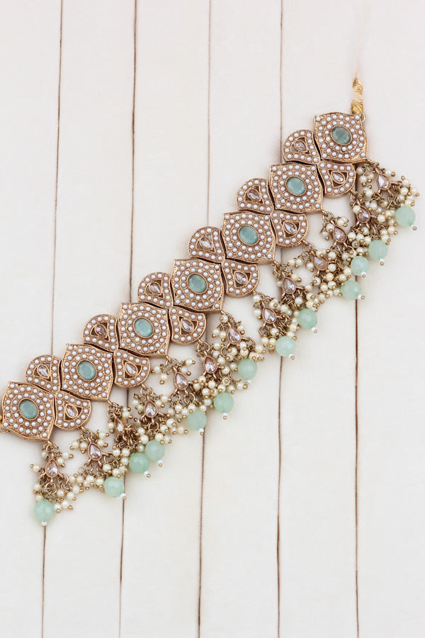 Light Green Mehndi Polish Double Choker Set With Large Earrings Saharey Attached And Matta Patti (CS014-LG-MP-Polki)