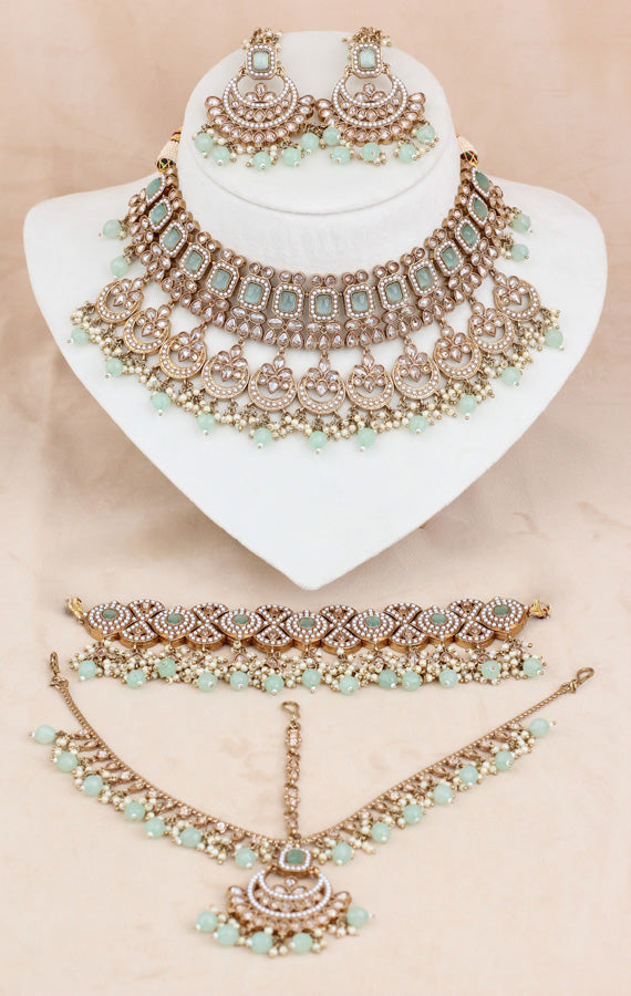 Light Green Mehndi Polish Double Choker Set With Large Earrings Saharey Attached And Matta Patti (CS014-LG-MP-Polki)