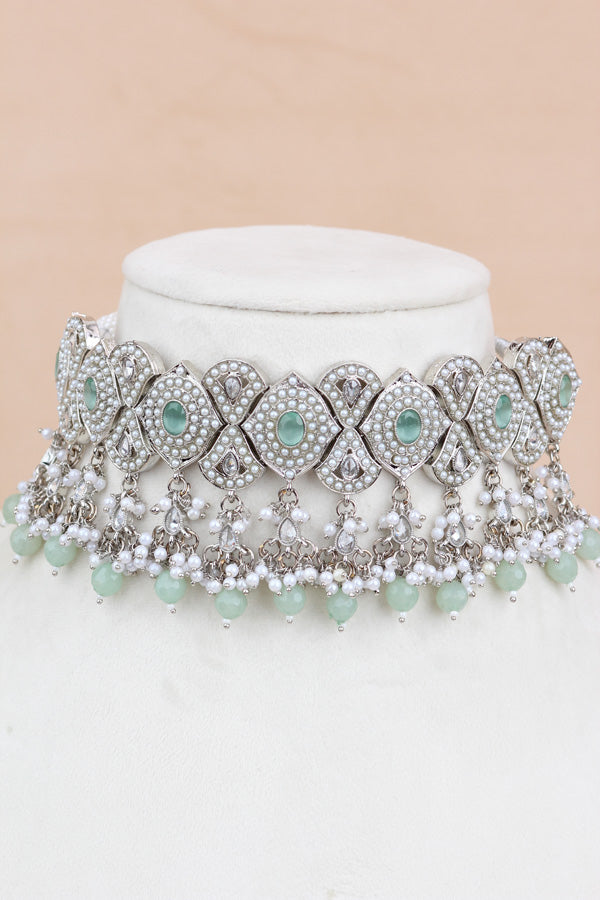 Light Green Silver Polish Double Choker Set With Large Earrings Saharey Attached And Matta Patti (CS014-LG-SP-Polki)