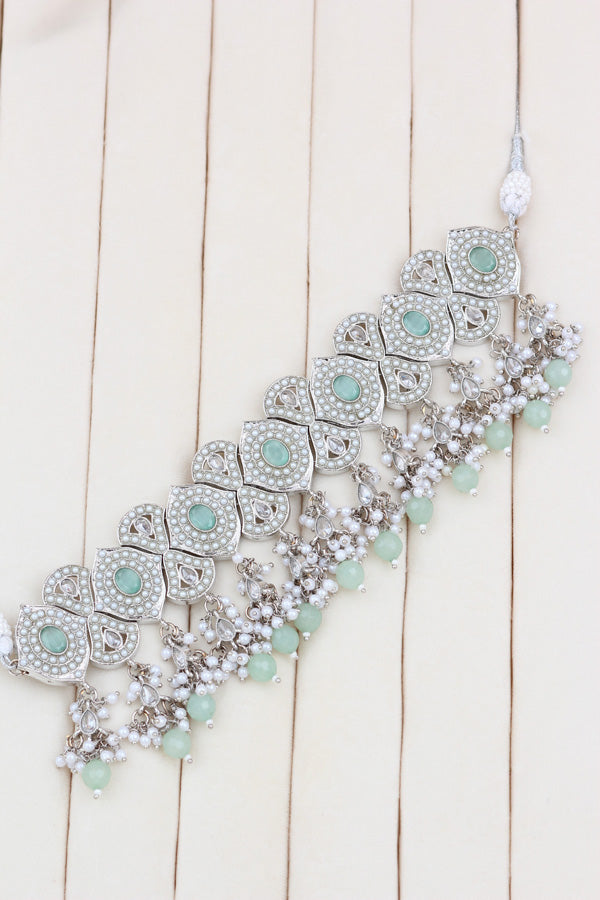 Light Green Silver Polish Double Choker Set With Large Earrings Saharey Attached And Matta Patti (CS014-LG-SP-Polki)