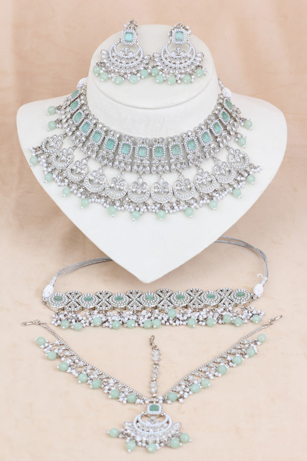 Light Green Silver Polish Double Choker Set With Large Earrings Saharey Attached And Matta Patti (CS014-LG-SP-Polki)