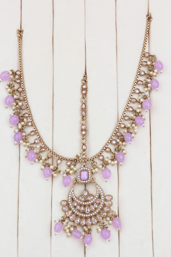 Light Purple Mehndi Polish Double Choker Set With Large Earrings Saharey Attached And Matta Patti (CS014-LPU-MP-Polki)