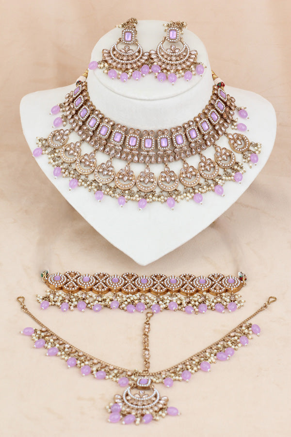 Light Purple Mehndi Polish Double Choker Set With Large Earrings Saharey Attached And Matta Patti (CS014-LPU-MP-Polki)