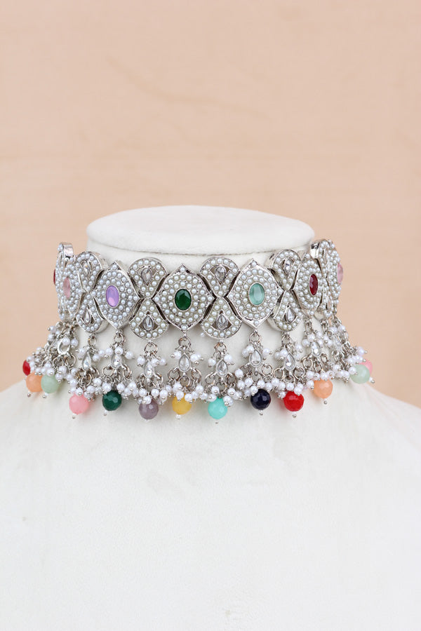 Multi Silver Polish Double Choker Set With Large Earrings Saharey Attached And Matta Patti (CS014-MU-SP-Polki)