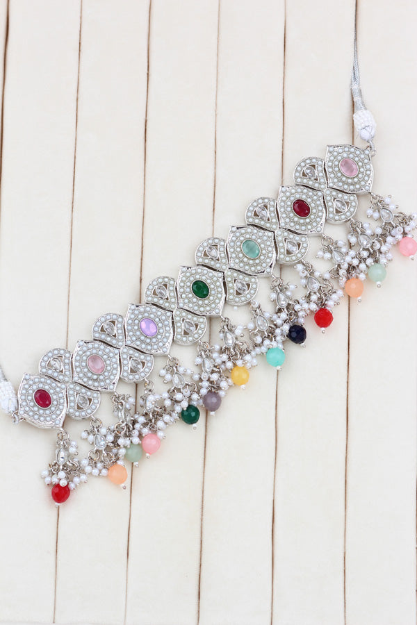 Multi Silver Polish Double Choker Set With Large Earrings Saharey Attached And Matta Patti (CS014-MU-SP-Polki)