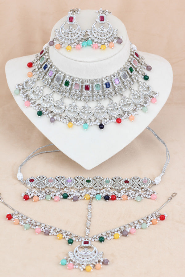 Multi Silver Polish Double Choker Set With Large Earrings Saharey Attached And Matta Patti (CS014-MU-SP-Polki)