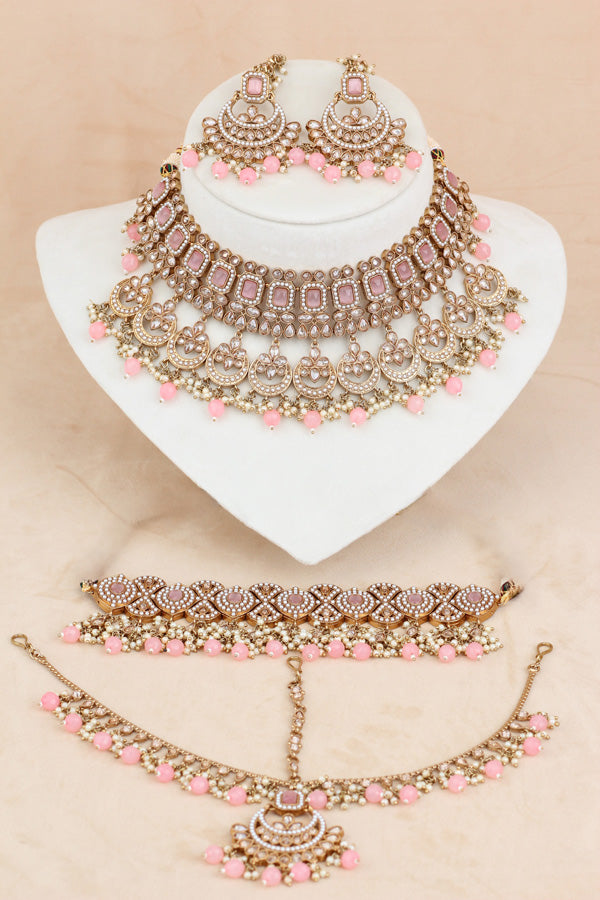 Pink Mehndi Polish Double Choker Set With Large Earrings Saharey Attached And Matta Patti (CS014-P-MP-Polki)