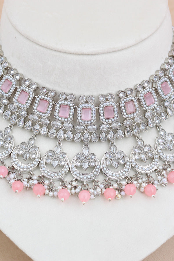 Pink Silver Polish Double Choker Set With Large Earrings Saharey Attached And Matta Patti (CS0114-P-SP-Polki)