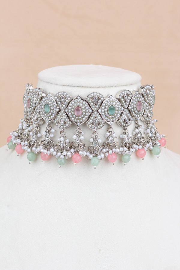 Pink | Light Green Silver Polish Double Choker Set With Large Earrings Saharey Attached And Matta Patti (CS014-PG-SP-Polki)