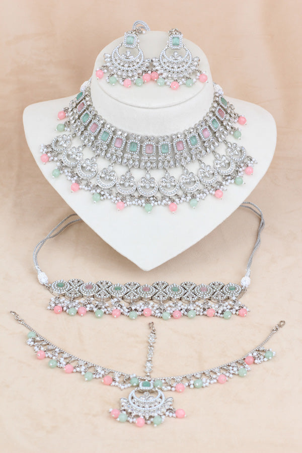 Pink | Light Green Silver Polish Double Choker Set With Large Earrings Saharey Attached And Matta Patti (CS014-PG-SP-Polki)