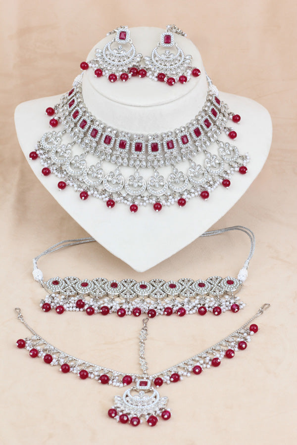 Red Silver Polish Double Choker Set With Large Earrings Saharey Attached And Matta Patti (CS014-R-SP-Polki)