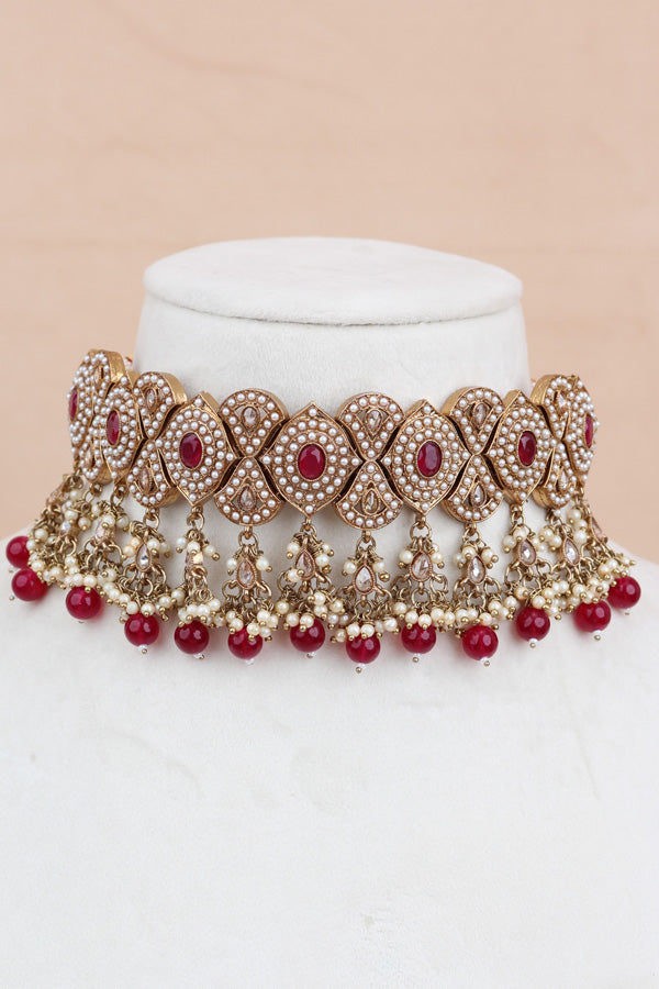 Ruby Red Mehndi Polish Double Choker Set With Large Earrings Saharey Attached And Matta Patti (CS014-RU-MP-Polki)
