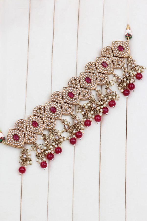 Ruby Red Mehndi Polish Double Choker Set With Large Earrings Saharey Attached And Matta Patti (CS014-RU-MP-Polki)