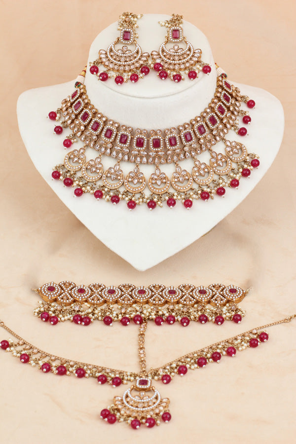 Ruby Red Mehndi Polish Double Choker Set With Large Earrings Saharey Attached And Matta Patti (CS014-RU-MP-Polki)